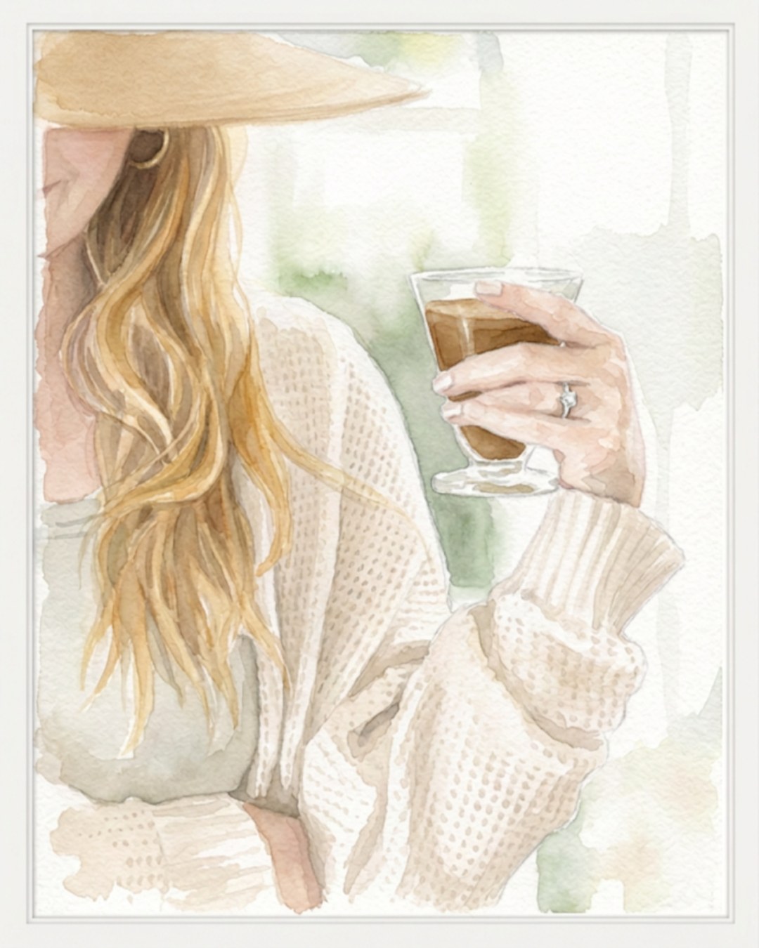 Watercolour illustration of a woman in a sun hat holding a glass of coffee