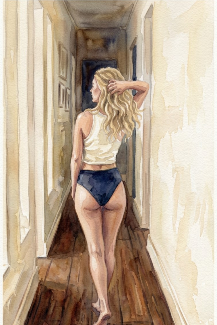 Watercolour illustration of a woman walking down a sunlit hallway at the end of the day