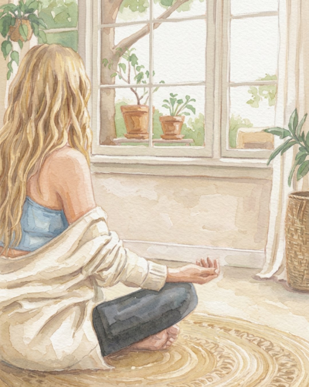 Watercolour illustration of a woman sitting cross-legged in soft morning light