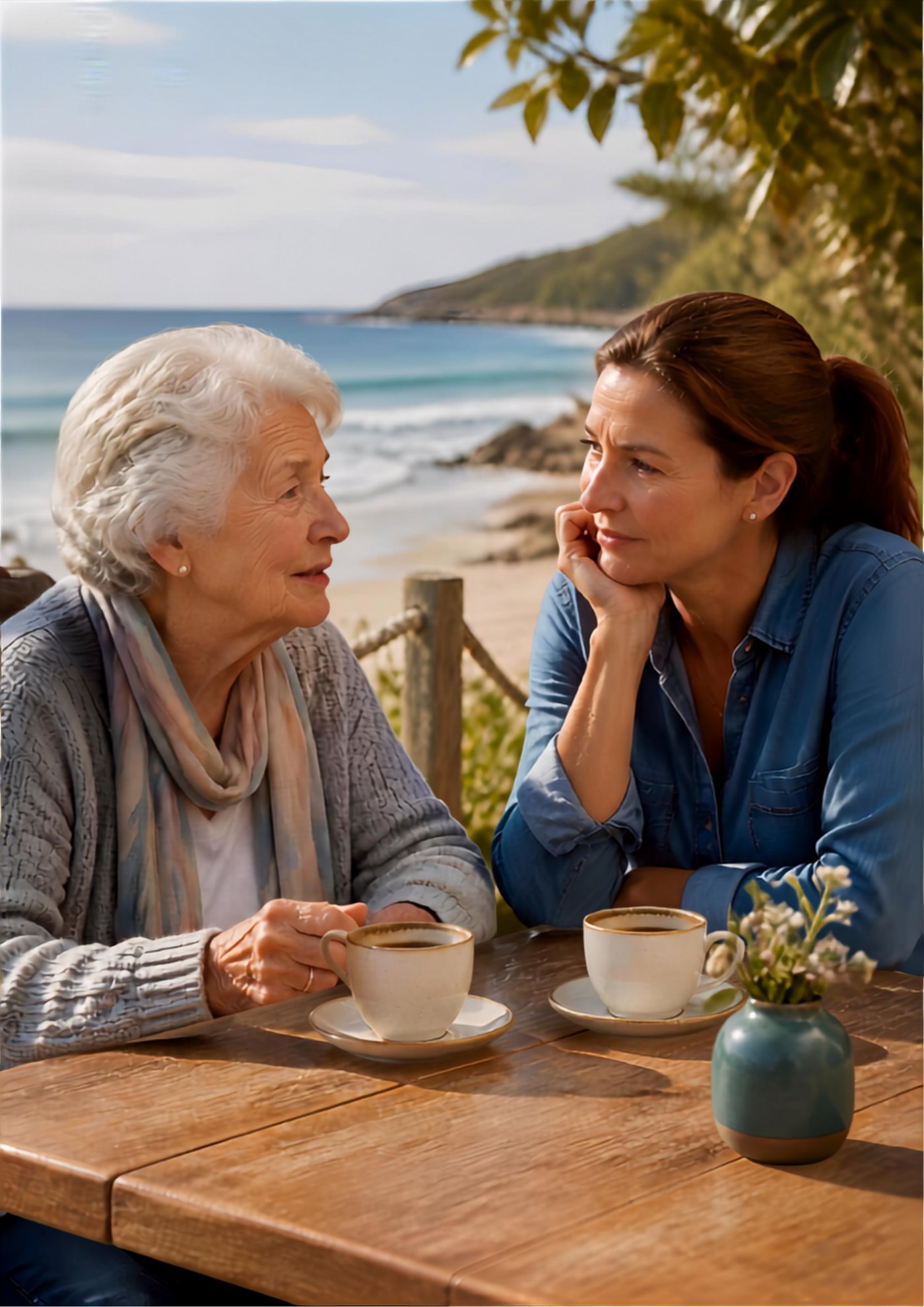 An older woman and her daughter talking over coffee at a table above the beach