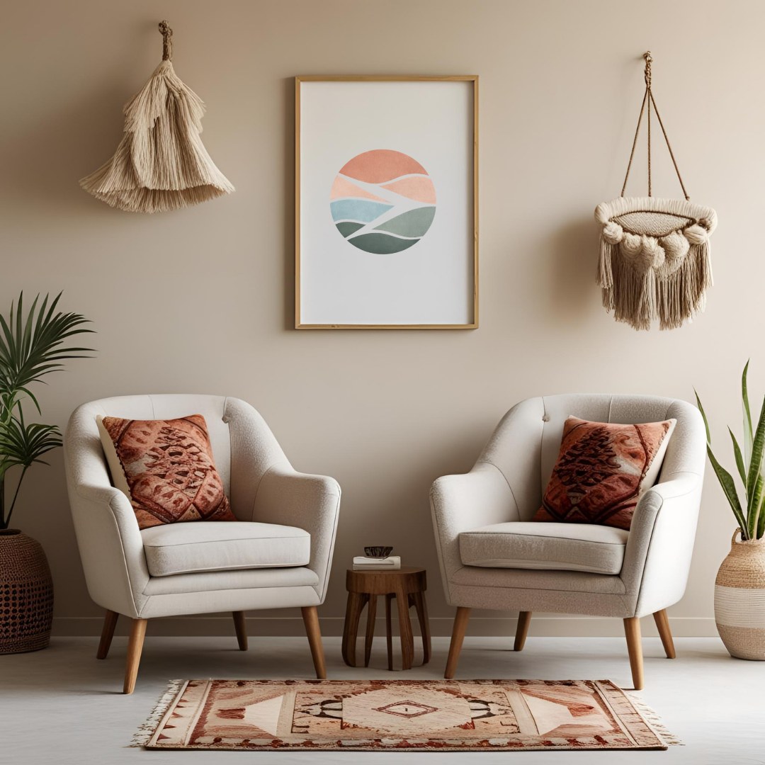 A calm counselling room with two armchairs beneath framed watercolour artwork