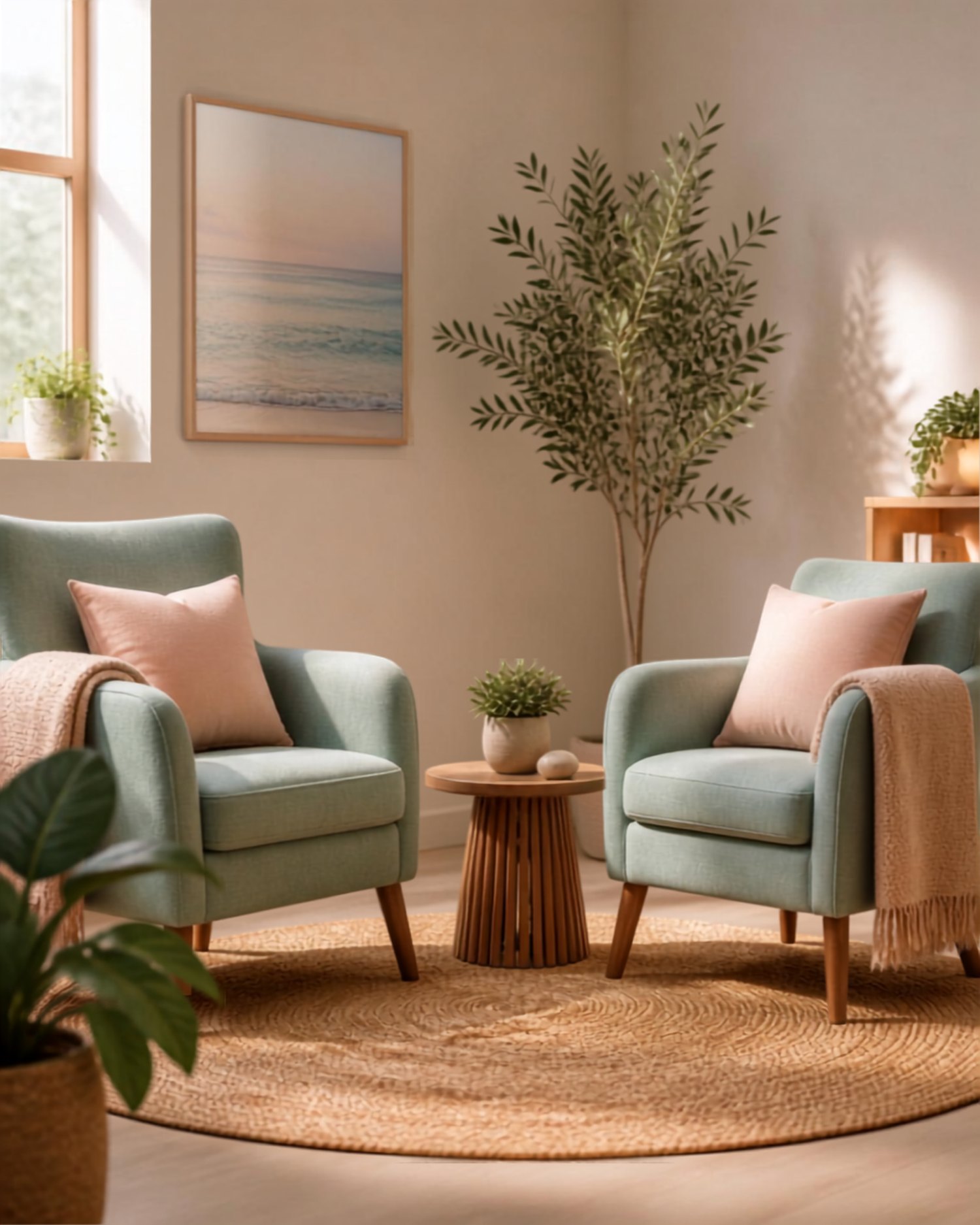 Two soft green armchairs either side of a small table, in a quiet room with coastal artwork