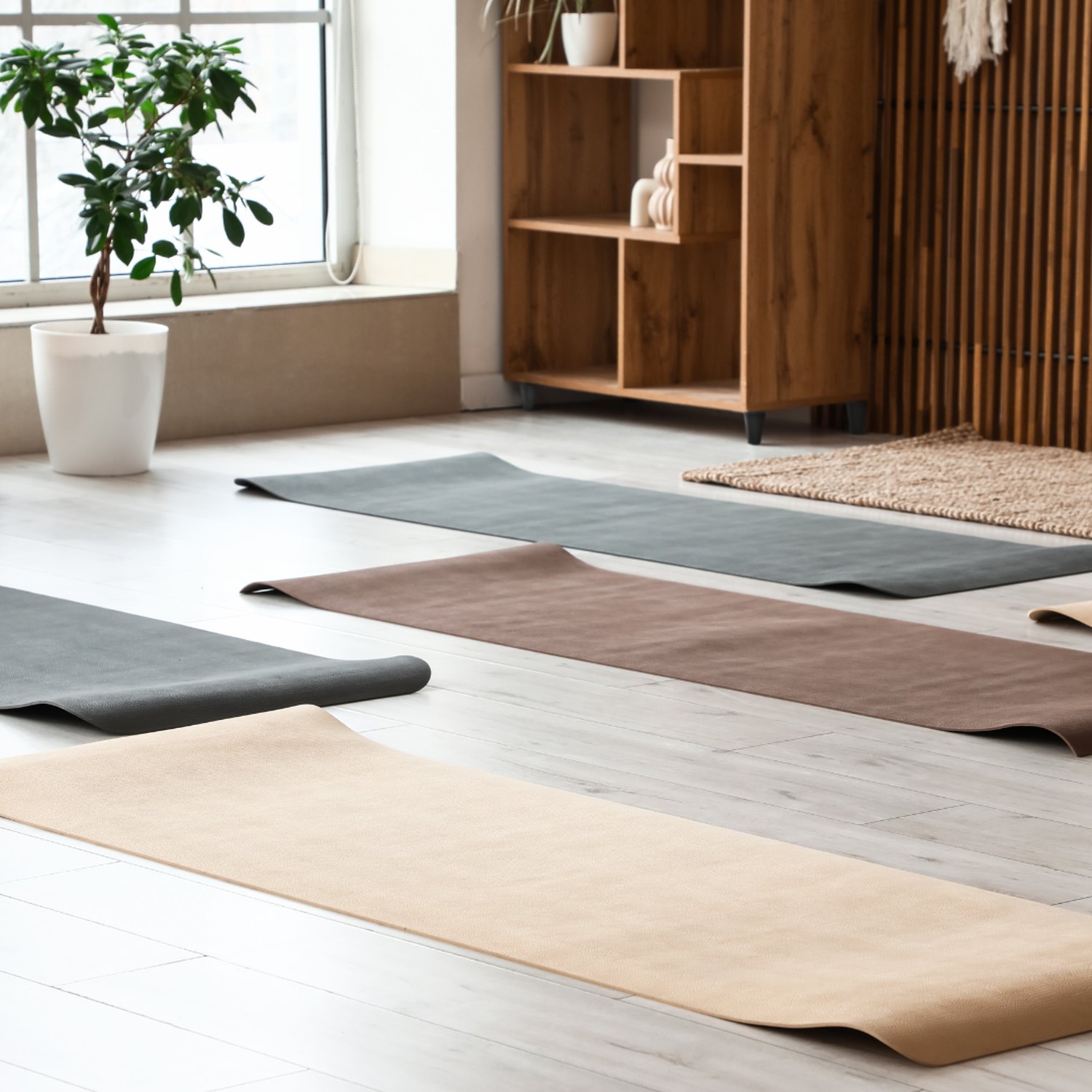 Mats laid out on a light timber floor in a quiet studio, morning light through the window